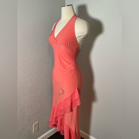 Elegant Asymmetrical Coral Halter Dress - Picture 2 of 7